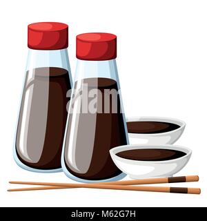 Japanese chopsticks and soy sauce in a white bowl soy sauce in transparent bottles with red caps vector illustration isolated on white background web site page and mobile app design Stock Vector