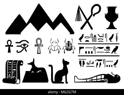 Black silhouettes ancient Egyptian symbols and decoration Egypt flat icons vector illustration isolated on white background web site page and mobile app design Stock Vector