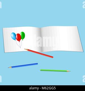 Sketchbook for drawing and color pencils vector illustration blue background Stock Vector