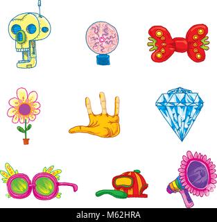 A collection of funky cartoon icons featuring a robot skull, plasma globe, bow tie, flower, hand palm, diamond, glasses, a baseball cap and a bullhorn Stock Vector