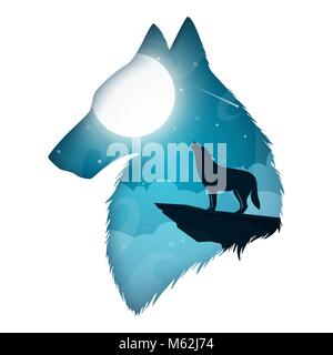 Wolf illustration. Cartoon paper landscape. Stock Vector