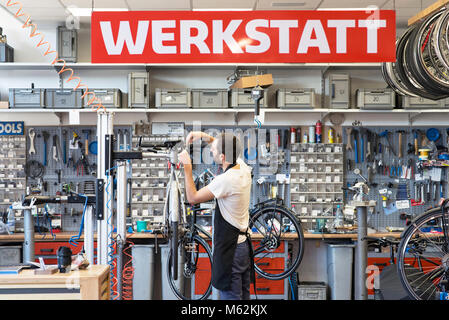 friendly and competent bicycle mechanic in a workshop repairs a bike Stock Photo