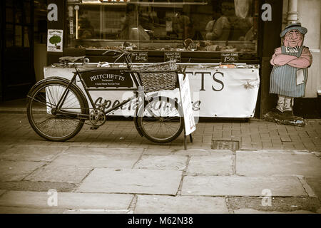 Butchers shop and bike in Salisbury Stock Photo