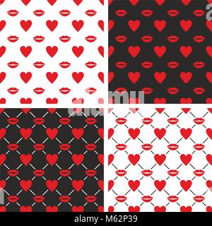 Heart & Red Lips Seamless Pattern Set Stock Vector