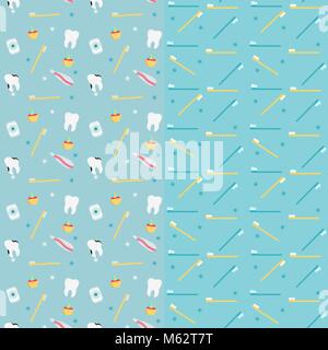 Pattern of dental care with tooth, toothpaste, toothbrush, dental floss. Seamless. Two background. Stock Vector