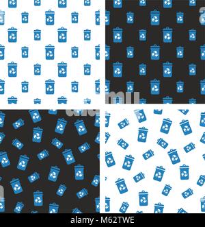 Blue Recycling Trash Can for Paper Waste Seamless Pattern Set Stock Vector