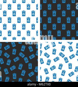 Blue Recycling Trash Can for Paper Waste Seamless Pattern Set Stock Vector