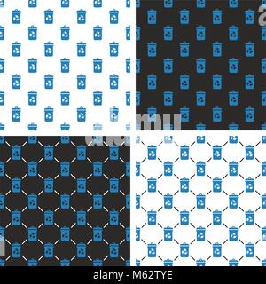 Blue Recycling Trash Can for Paper Waste Seamless Pattern Set Stock Vector