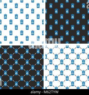 Blue Recycling Trash Can for Paper Waste Seamless Pattern Set Stock Vector