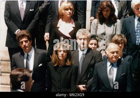 1994 FILE PHOTO Jackie O Funeral, JFK Jr. Caroline Kennedy Hillary Clinton behind Family Photo By John Barrett-PHOTOlink Stock Photo