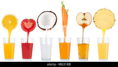 Conceptual image - fresh juice pours from fruits and vegetables in a glass. Photo on a white background. Stock Photo