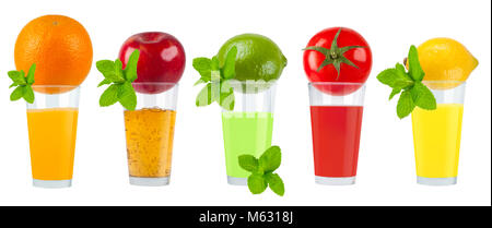 Fresh fruit juices orange, tomato, lemon, lime Stock Photo