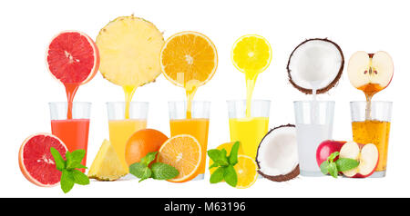 Fresh citrus  juices  isolated flowing from fruits  into the glass on white background Stock Photo