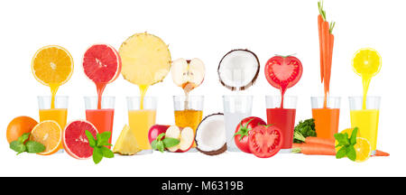 Conceptual image - fresh juice pours from fruits and vegetables in a glass. Photo on a white background. Stock Photo