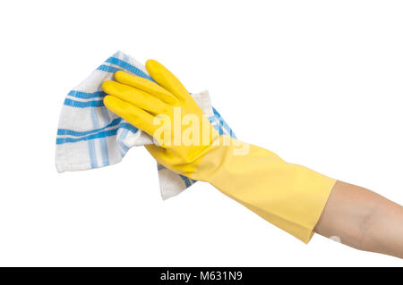 Woman's hand in glove, holding a towel isolated on white Stock Photo