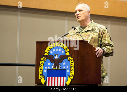 Maj. Gen. Bruce Hackett, commanding general of the 80th Training Command, speaks at the command's change of responsibility ceremony held at the Defense Supply Center Richmond, Virginia, during the 80th TC Commander's Readiness Workshop Feb. 8, 2018.  At the ceremony, the outgoing senior leader Command Sgt. Maj. Jeffrey Darlington handed over the reins to the incoming senior leader Command Sgt. Maj. Dennis Thomas. Stock Photo