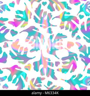 Cool illustration with holographic leaf. Creative gradient seamless pattern. Modern background in 80s 90s pop art style. Abstract vector background Stock Vector