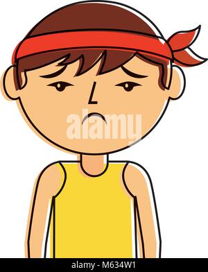 portrait cartoon sad man chinese with head band Stock Vector