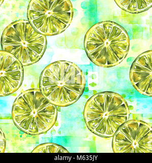 A seamless pattern with vibrant hand drawn watercolour limes on a teal patchwork texture, healthy food repeat print Stock Photo