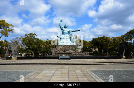 The Peace statue at the Nagasaki peace park built for  commemorating the atomic bombing of the city on August 9, 1945 during World War II. Stock Photo