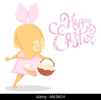 Happy Easter. Cute girl in a costume of rabbit running with a basket, back view. Funny cartoon character for holiday and handmade lettering. Vector il Stock Vector