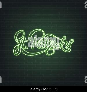 Saint Patrick's Day. Neon glowing sign of lettering St. Patrick's. Saint Patrick neon set Stock Vector