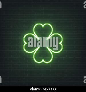 Saint Patrick's Day. Neon glowing sign of four leaves clover leaf. Saint Patrick neon set Stock Vector