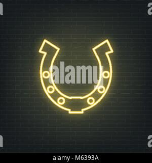 Saint Patrick's Day. Neon glowing sign of lucky horseshoe. Saint Patrick neon set Stock Vector