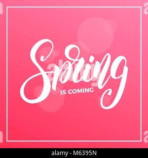 Spring. Background with script lettering Spring is coming and bokeh Stock Vector