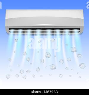 Air conditioning. Realistic air conditioner with flying ice cubes and flows of cold air. Isolated conditioner. Air conditioning concept Stock Vector