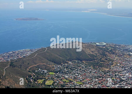 View of Signal Hill, Cape Town Stadium and Robben Island from the top of Table Mountain, Cape Town, Western Cape, South Africa. Stock Photo