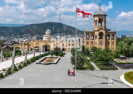 View from the Holy Trinity Cathedral, Tbilisi, Georgia, Eastern Europe over the city. Also known as Sameba Cathedral. Stock Photo