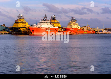 Oil industry rig support vessels in Montrose harbour, Scotalnd. Stock Photo