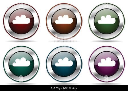 Cloud vector icon set. Silver metallic chrome border icons for web design and smartphone applications Stock Vector