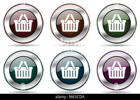 Cart vector icon set. Silver metallic chrome border icons for web design and smartphone applications Stock Vector