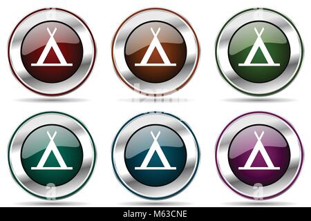 Camp vector icon set. Silver metallic chrome border icons for web design and smartphone applications Stock Vector