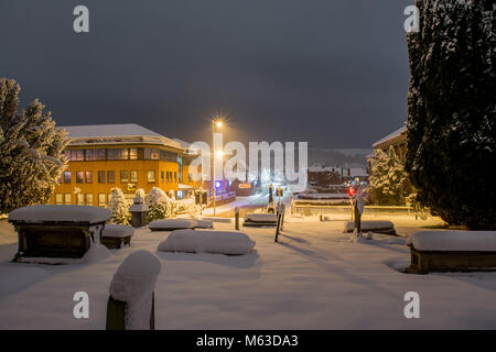 Snow scenes photos of a town centre Newtown Powys Mid-Wales Winter 2018. Stock Photo