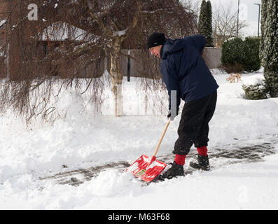 Washington, UK. 28th February 2018. Man clearing path after heavy overnight snow. Washington, Tyne and Wear. England, (c) Washington Imaging/Alamy Live News Stock Photo