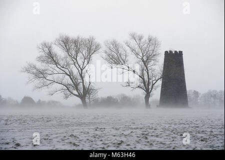 Beverley, UK. 28th Feb, 2018. A dog walker shelters behind a tree in blizzard conditions during 'The Beast From The East' on Beverley Westwood in East Yorkshire. Credit: Josh Harrison/Alamy Live News. Stock Photo