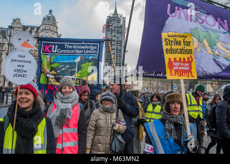 London, UK. 28th February, 2018. The UCU (University and College Union) organises a march to protest the changes to lecturers pensions as part of their strike action. The march started outside UCL in Malet Place andheaded to Westminster via Whitehall. Credit: Guy Bell/Alamy Live News Stock Photo