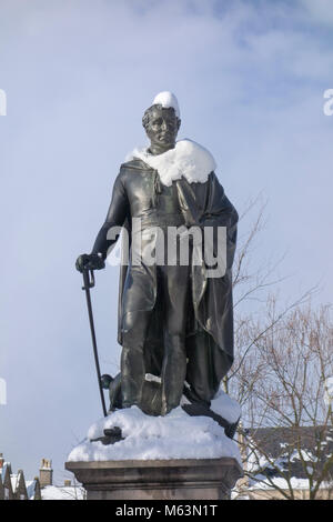 Norwich, Norfolk, UK. 28th February, 2018. Statue of Wellington Norwich Cathedral close, with a scarf of snow after snow storm nicknamed the 'the Beast from the East' 28 February 2018 Credit: SPK/Alamy Live News Stock Photo