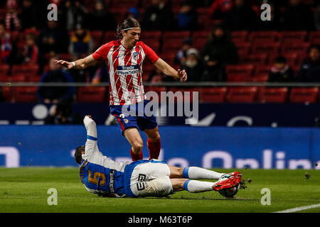 Madrid, Spain. 28th February, 2018. Martin Mantovani (Leganes FC) fights for control of the ball with Filipe Luis Kasmirski (Atletico de Madrid), La Liga match between Atletico de Madrid vs Leganes FC at the Wanda Metropolitano stadium in Madrid, Spain, February 28, 2018. Credit: Gtres Información más Comuniación on line, S.L./Alamy Live News Stock Photo