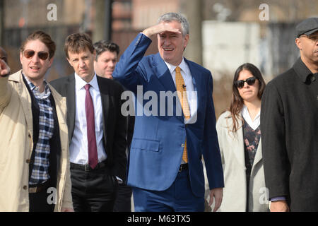 New York, USA. 28th Feb, 2018. Mayor Bill de Blasio and community leaders announce the start of construction on the Lower East Side’s new NYC Ferry landing on February 28, 2018 in New York. Credit: Erik Pendzich/Alamy Live News Stock Photo