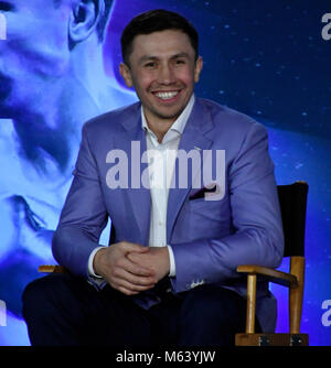 2-27-18 Los Angeles. CA. WBC/WBA/IBF/IBO Middleweight World Champion Gennady 'GGG' Golovkin talks during a Los Angeles press conference for his re-march with Middleweight World Champion Canelo Alvarez Tuesday. The two will return to T-Mobile Arena in Las Vegas for a highly anticipated rematch on Cinco de Mayo. Canelo vs. GGG 2 will take place Saturday, May 5 and will be produced and distributed live by HBO Pay-Per-View beginning at a special time of 8:00 p.m. ET/5:00 p.m. PT. Gene Blevins/LA DailyNews/SCNG/ZumaPress Credit: Gene Blevins/ZUMA Wire/Alamy Live News Stock Photo