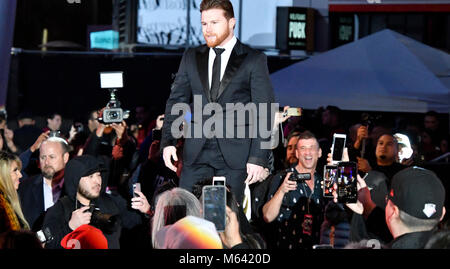 Los Angeles. CA, USA. 27th Feb, 2018.  . Middleweight World Champion Canelo Alvarez arrives in LA press conference on his upcoming rematch fight with and WBC/WBA/IBF/IBO Middleweight World Champion Gennady 'GGG' Golovkin Tuesday. The two will return to T-Mobile Arena in Las Vegas for a highly anticipated rematch on Cinco de Mayo. Canelo vs. GGG 2 will take place Saturday, May 5 and will be produced and distributed live by HBO Pay-Per-View beginning at a special time of 8:00 p.m. ET/5:00 p.m. PT. Gene Blevins/LA DailyNews/SCNG/ZumaPress Credit: Gene Blevins/ZUMA Wire/Alamy Live News Stock Photo