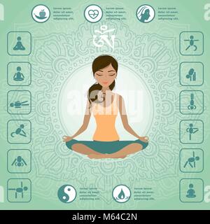 Cute girl sitting in the lotus position, yoga infographics, vector illustration Stock Vector