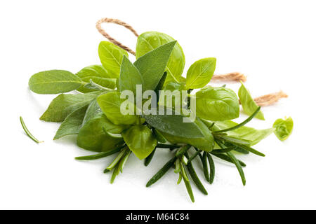 Bunch of basil, rosemary and sage. Isolated on white background. Stock Photo