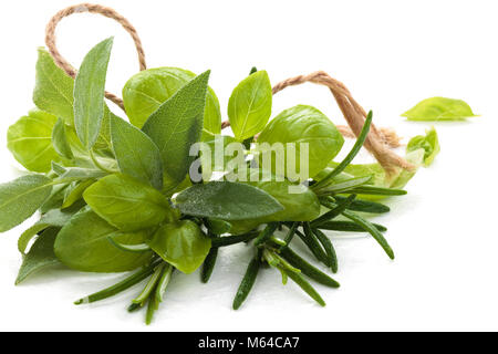 Bunch of basil, rosemary and sage. Isolated on white background. Stock Photo