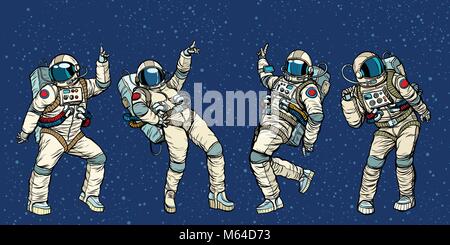 Disco party astronauts dancing men and women Stock Vector