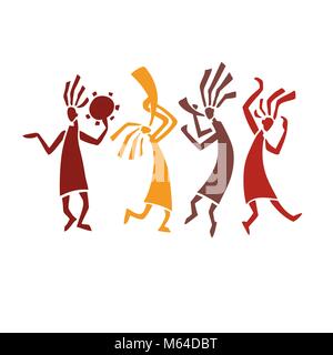 Stylized musicians Dancing figures. Primitive art. Vector illustration. Stock Vector